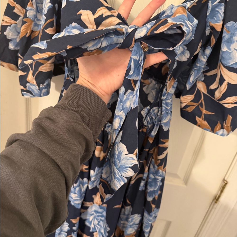 Abercrombie & Fitch Navy Floral Midi Dress with Blue and Tan Flowers - Picture 5 of 6
